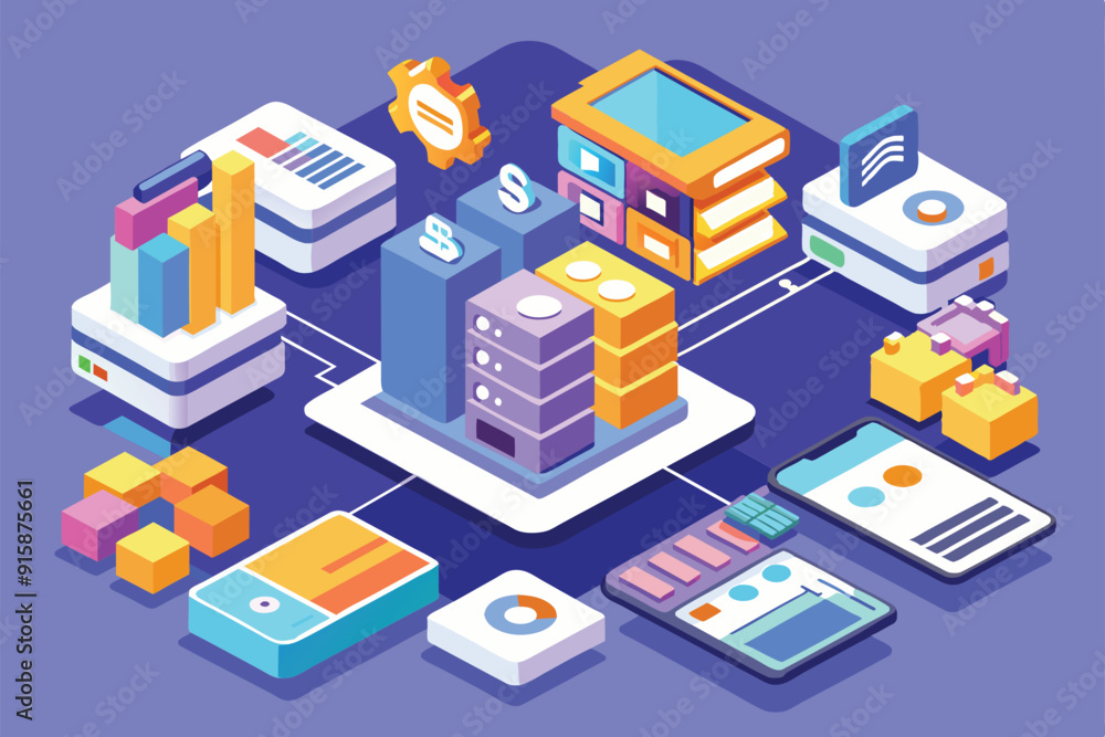 Poster this artwork showcases a vibrant isometric design depicting various elements related to app installa