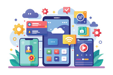 Multiple mobile devices display customizable app installation features surrounded by colorful icons representing various functionalities