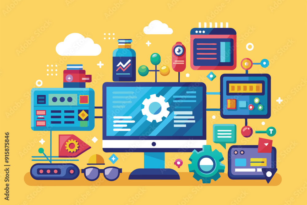Poster a computer setup showcases a customizable application programming interface, illustrating various to