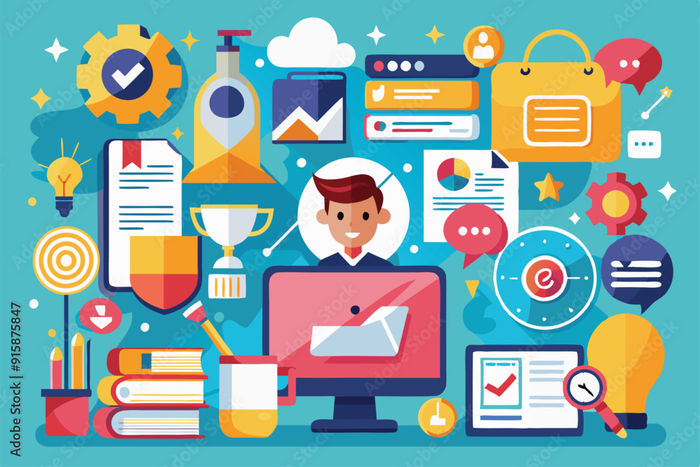 Poster creative workspace filled with tools and applications designed for efficient workflow and productivi
