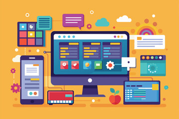 A vibrant representation of a customizable application programming interface across devices, showcasing various functionalities and interactive elements