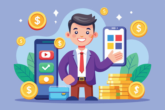 A cheerful cartoon character showcases app monetization methods surrounded by coins, smartphones, and a briefcase in a vibrant setting