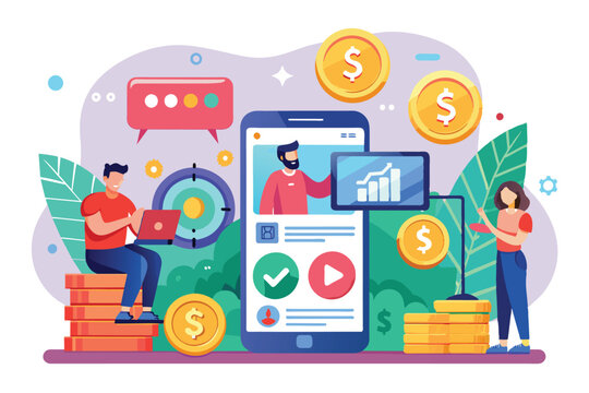 Two users interact with an app on a smartphone, exploring monetization options while surrounded by vibrant graphics and financial elements