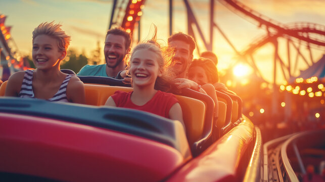 Family Enjoys a Thrilling Rollercoaster Ride at Sunset With Carnival Lights Glowing in the Background