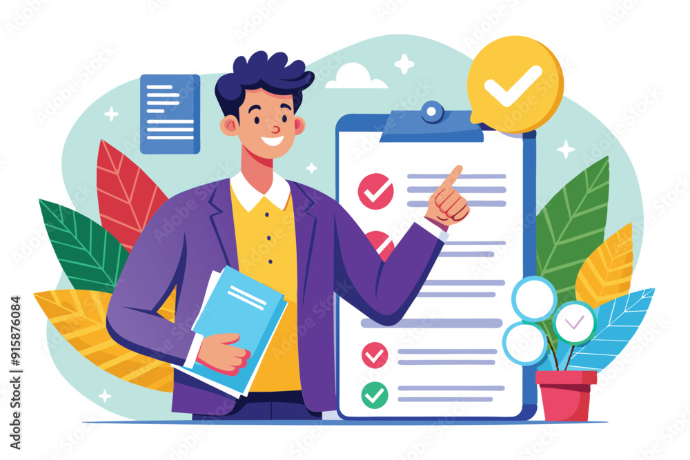 Poster a person approving business contract documents while holding a folder, indicating completed tasks on