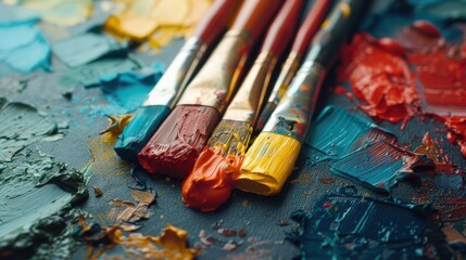Obraz premium Paint brushes on a palette with different colors