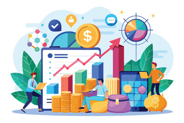 Professionals engage in discussions about financial planning strategies while analyzing charts and data, surrounded by symbols of growth and technology