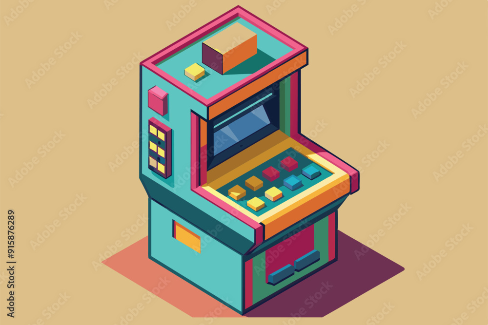 Poster a customizable arcade machine features bright colors and various game controls, inviting players to 
