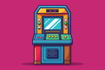 A customizable cartoon arcade machine features colorful buttons and a large screen, perfect for gamers looking to have fun in a lively space