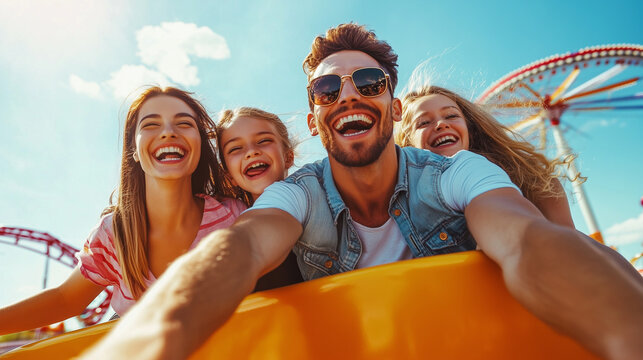 Happy Family Enjoying a Thrilling Amusement Park Ride Under a Bright Sky With Colorful Attractions in the Background