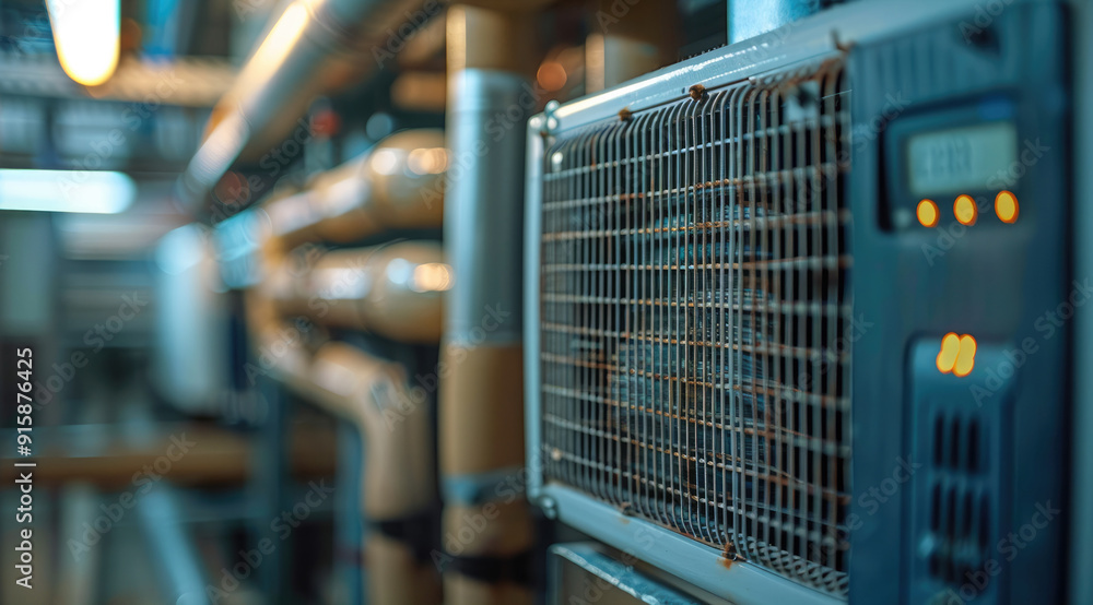 Poster A dirty air filter in an HVAC system, with visible dust particles, next to a digital energy consumption meter displaying high usage. Generative AI.