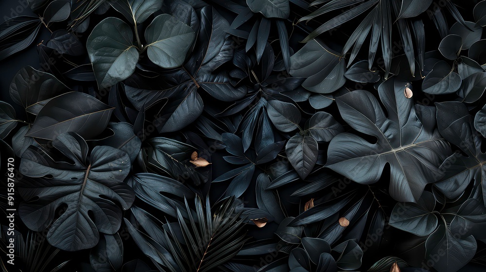 Poster a close-up shot of a collection of dark green leaves with hints of gold, creating a visually stunnin
