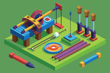 A detailed isometric illustration displaying various archery supplies such as bows, arrows, targets, and related tools on a vibrant green surface