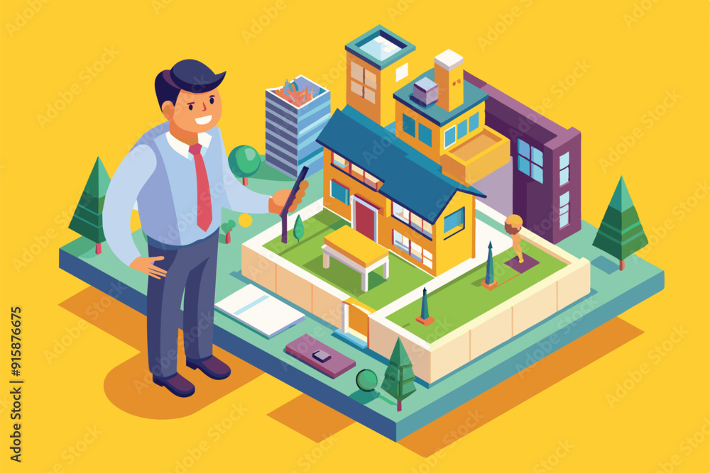 Poster an architect creatively designs a modern building with detailed surroundings in a colorful and engag