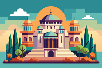 A grand architectural structure features domes and towers, surrounded by trees and colorful foliage under a vibrant sunset sky