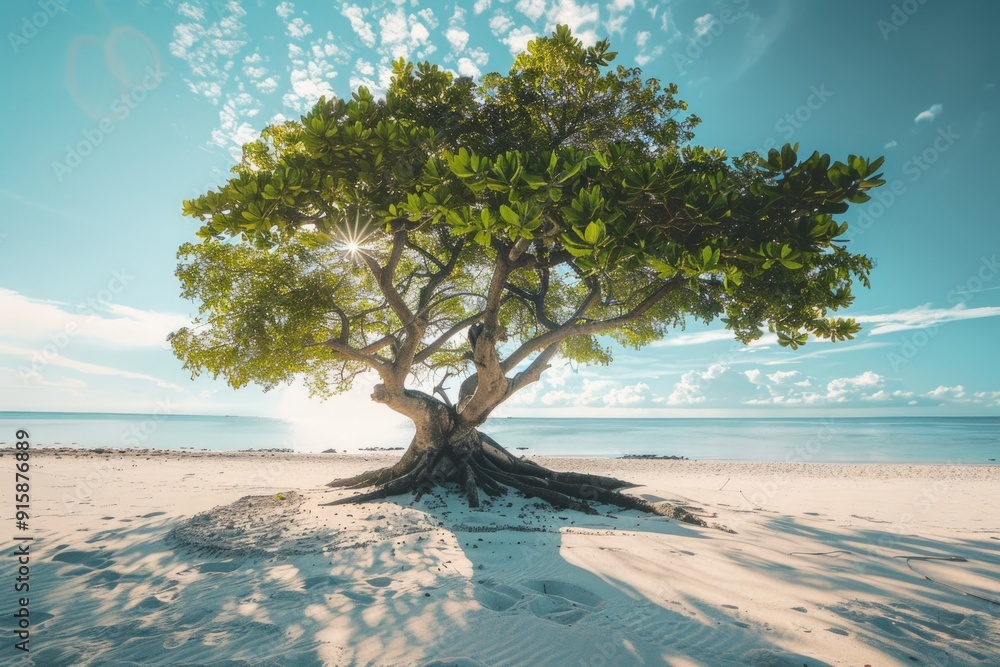 Poster a single tree stands out on a sandy beach as the sun shines through its branches