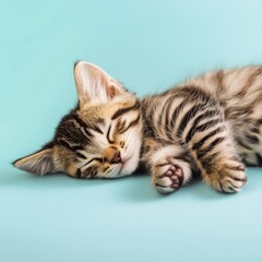 Fototapeta premium Serene Slumber: An Adorable Striped Kitten Sleeping Peacefully on a Teal and Blue Background, Close-up on Cute Comfort, clean background