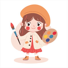 .Cute simple clip art of a girl with a beret and paintbrush, holding a palette, as a flat vector illustration on a white background. 
