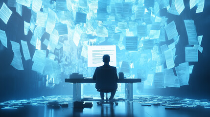 AI Reviewing Floating Digital Resumes in a Futuristic Workspace