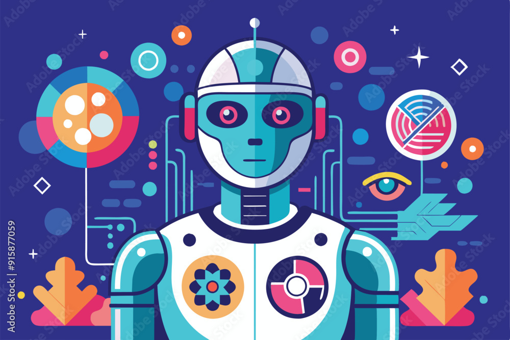 Poster a humanoid robot stands against a colorful backdrop filled with abstract shapes, showcasing the crea
