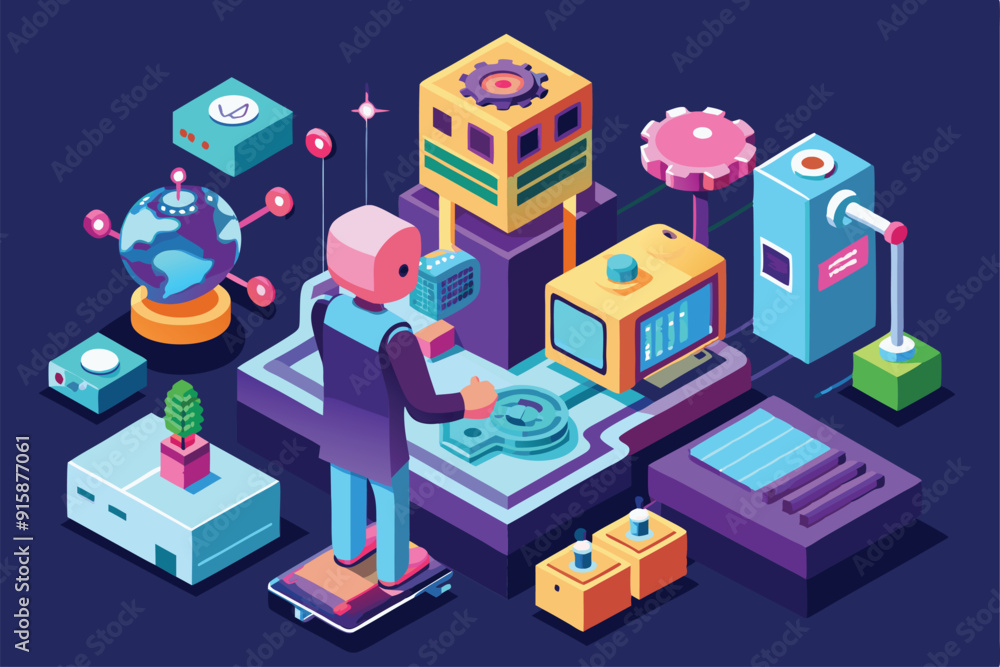 Poster a humanoid robot interacts with a customizable isometric setup, surrounded by tech gadgets and a glo