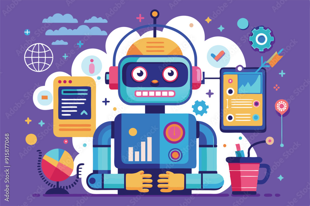Poster a colorful robot figurine with data charts, tools, and a globe, emphasizing the role of ai in techno