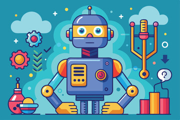 Obraz premium A vibrant cartoon robot stands in a creative workshop filled with gears, bar graphs, and whimsical elements, showcasing personalization and technology