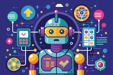 A colorful robot stands amidst various data tools and icons, showcasing the concept of customizable artificial intelligence in a modern digital space