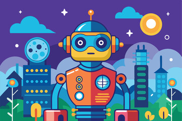 Fototapeta premium A cheerful cartoon robot is positioned in a vibrant landscape filled with trees, modern buildings, and a clear blue sky, radiating a sense of whimsy and technology