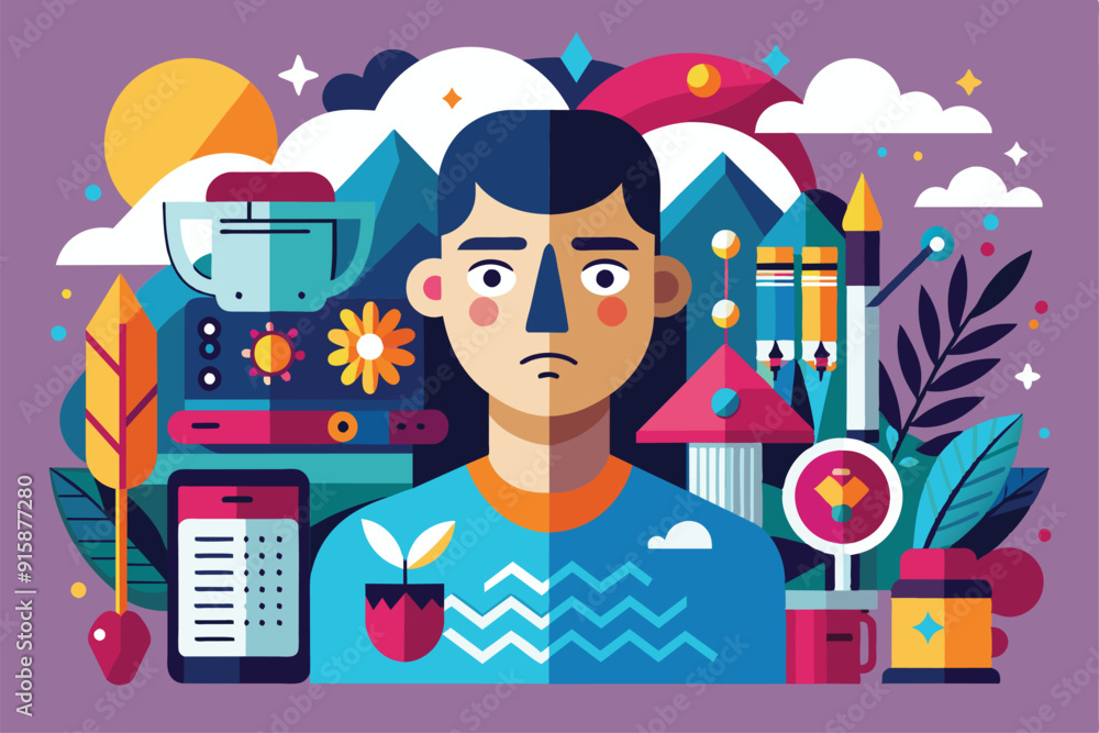 Poster an art enthusiast explores customizable disproportionate illustrations, surrounded by colorful creat