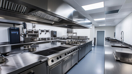 Obraz premium Modern Culinary School Kitchen Equipped With Cooking Stations and Professional Utensils 