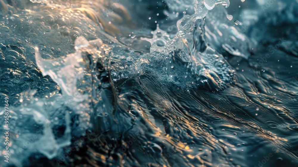 Poster A close-up view of a wave in the ocean with water droplets and movement
