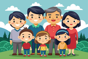 Obraz premium A cheerful Asian family stands together outdoors, enjoying a sunny day surrounded by greenery and mountains, sharing smiles and laughter