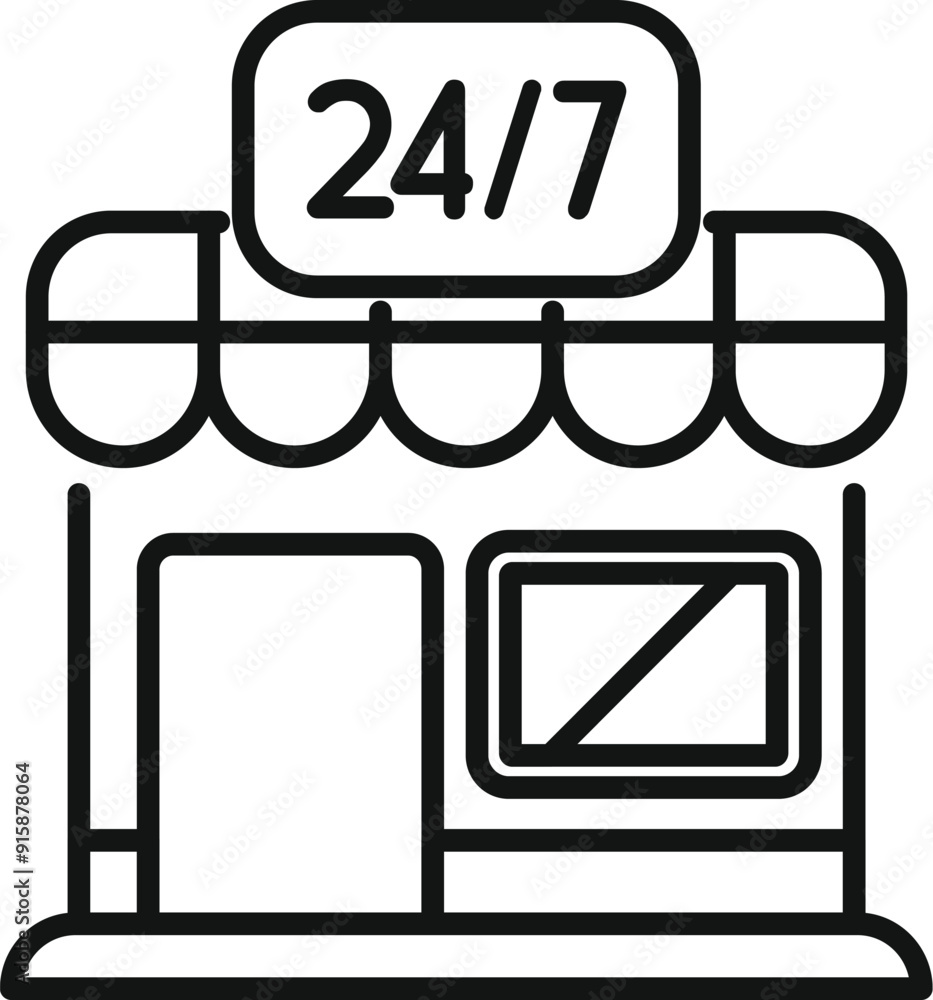 Poster simple line icon style illustration of a shop with 247 open sign representing non stop shopping poss