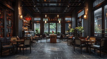 A modern restaurant with black tile walls and dark wooden furniture inside an ancient building, showcasing the fusion of traditional architecture and contemporary design elements. Generative AI.