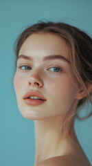 Fototapeta premium A Radiant Dutch Model Poses Against a Soft Blue Background