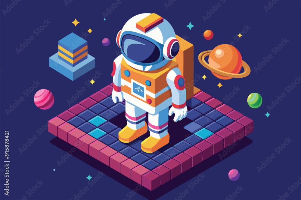 Poster an astronaut stands on a grid-like platform amidst colorful planets and celestial objects, exploring