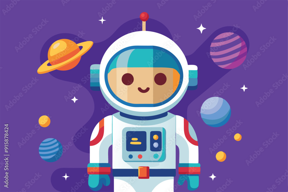 Aufkleber an astronaut in a customizable design stands among colorful planets in a vibrant outer space backdro