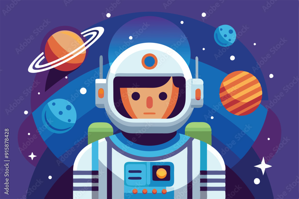 Poster A customizable astronaut stands amidst vibrant planets and stars, capturing the wonder of space exploration in a whimsical design