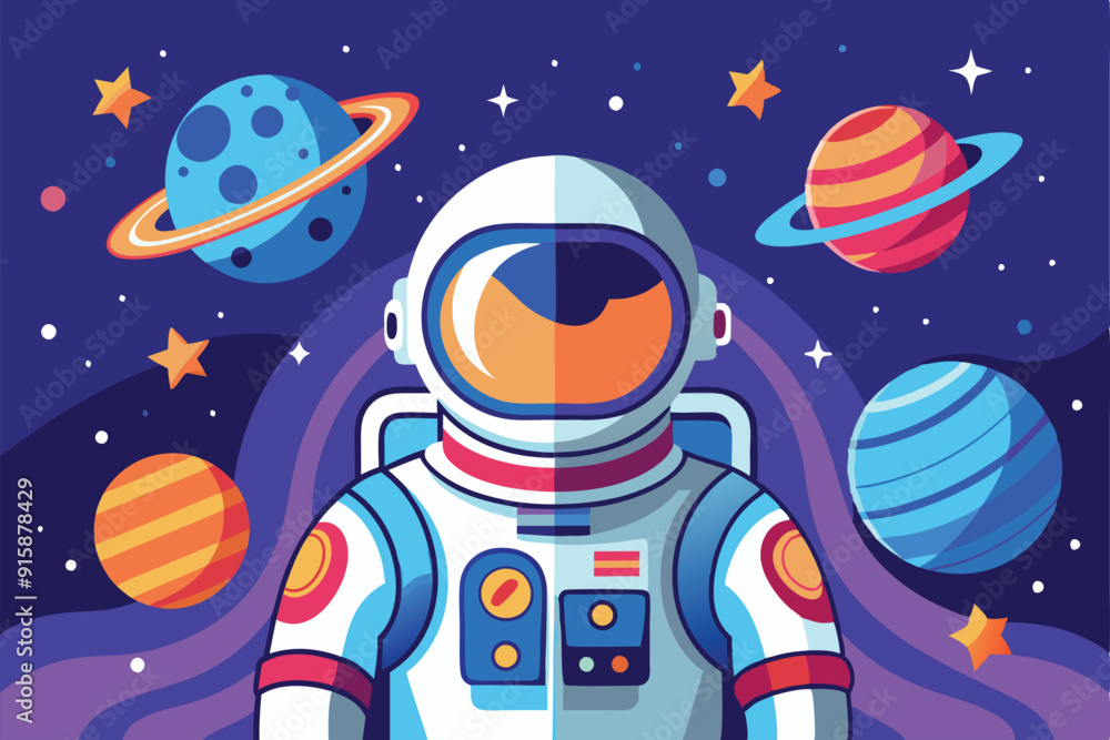 Poster a customizable astronaut stands in a cosmic environment filled with vibrant planets and twinkling st