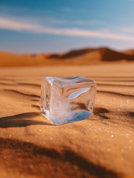An ice cube in the desert sand. Concept of cold and heat. Global warming. Generative AI.