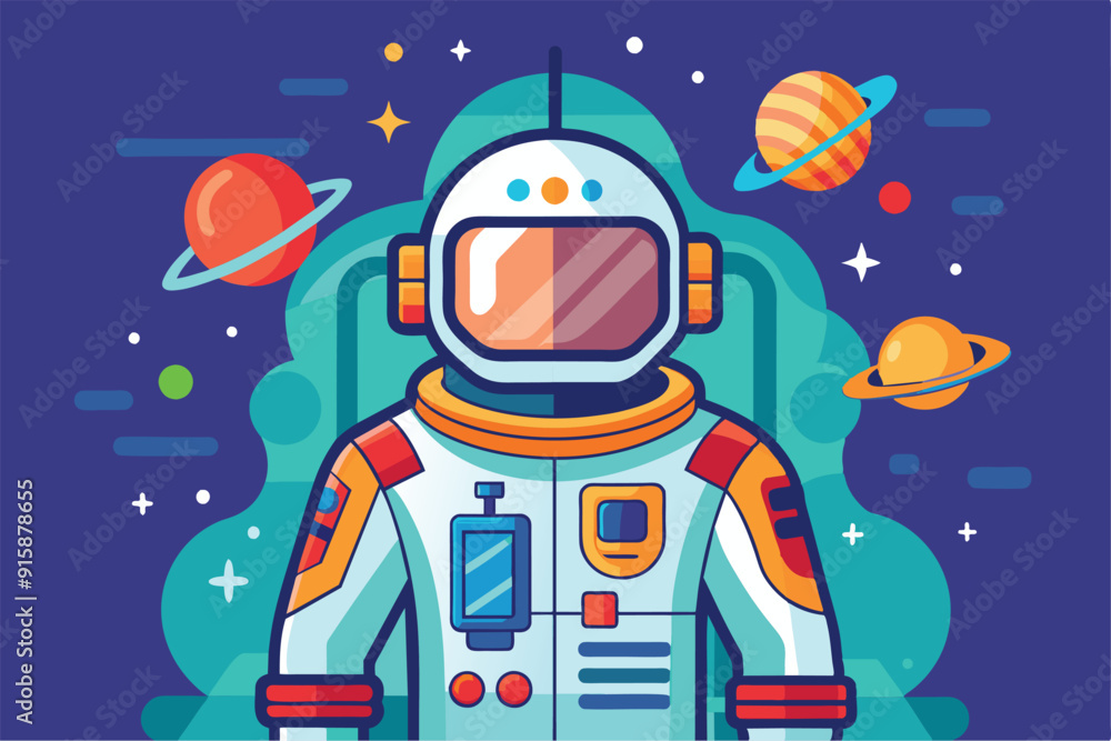 Poster an astronaut suit is designed with vibrant colors and customizable features, set against a backdrop 