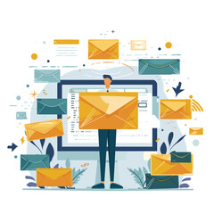 wo people using laptops, surrounded by floating envelopes and a large monitor displaying an email, emphasizing efficient email communication.

