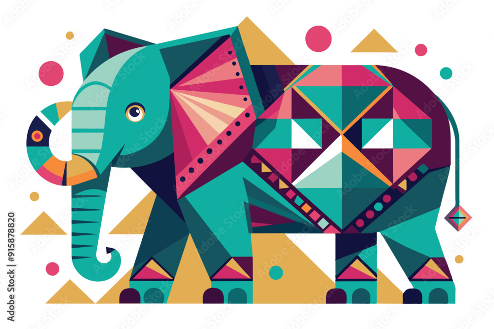 Poster a colorful elephant adorned with geometric patterns and shapes, showcasing artistic design elements 