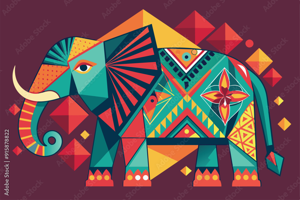 Poster a stylized elephant stands on a bold backdrop, adorned with intricate geometric shapes and vivid col