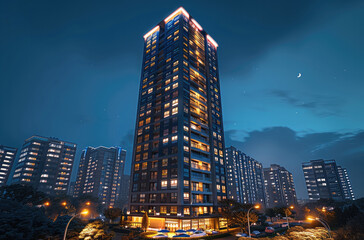 Naklejka premium A modern high-rise residential building, showcasing elegant balconies and tall walls. The exterior is painted with dark brown tones to highlight its height against an urban landscape at night.