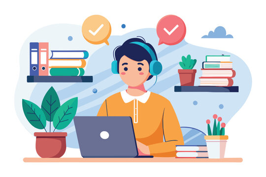 A student focused on an online webinar at home, equipped with headphones, engaged in learning amidst books and plants