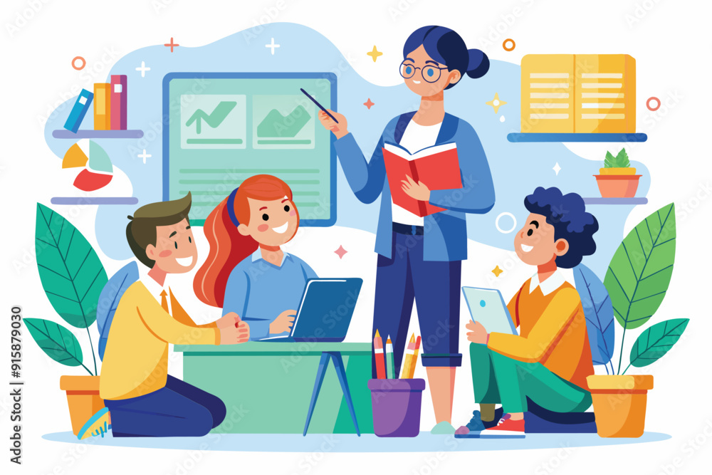 Poster a teacher guides students in a study session, using a book and pointing at a laptop while others eng
