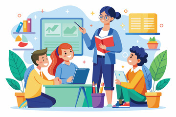 A teacher guides students in a study session, using a book and pointing at a laptop while others engage with their materials