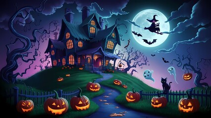 an enchanting Halloween scene with a haunted house on a hill, glowing jack-o'-lanterns, twisted trees, playful ghosts, a full moon, a witch on a broomstick, and eerie yet vibrant colors